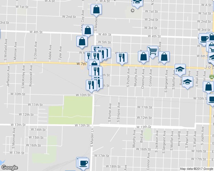 map of restaurants, bars, coffee shops, grocery stores, and more near 1399 West 9th Street in Joplin