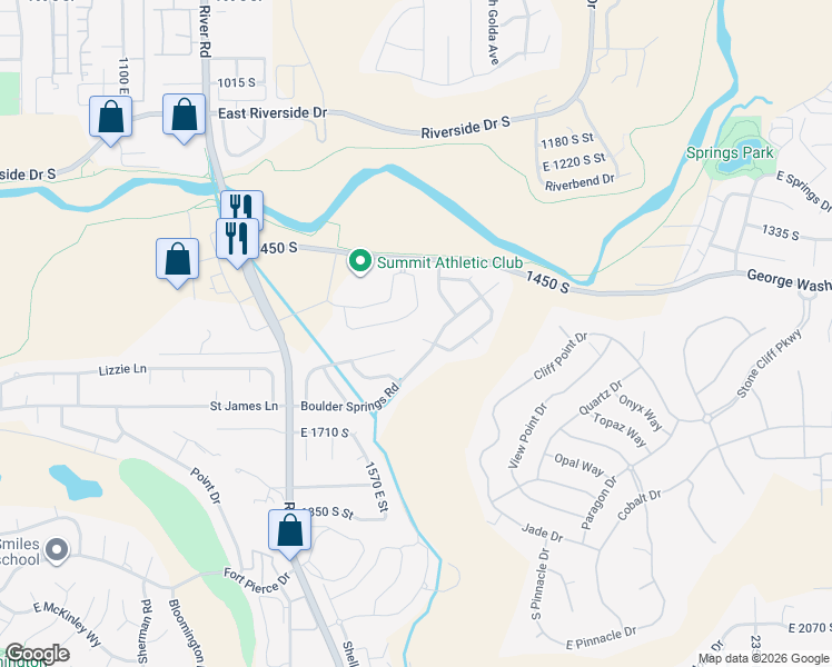 map of restaurants, bars, coffee shops, grocery stores, and more near 1541 Boulder Cove Circle in Saint George