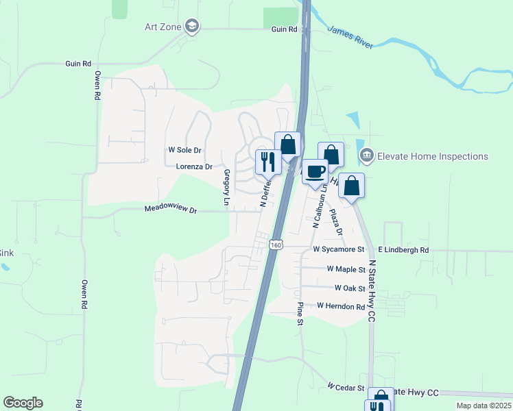 map of restaurants, bars, coffee shops, grocery stores, and more near 624-626 Meadowview Drive in Nixa