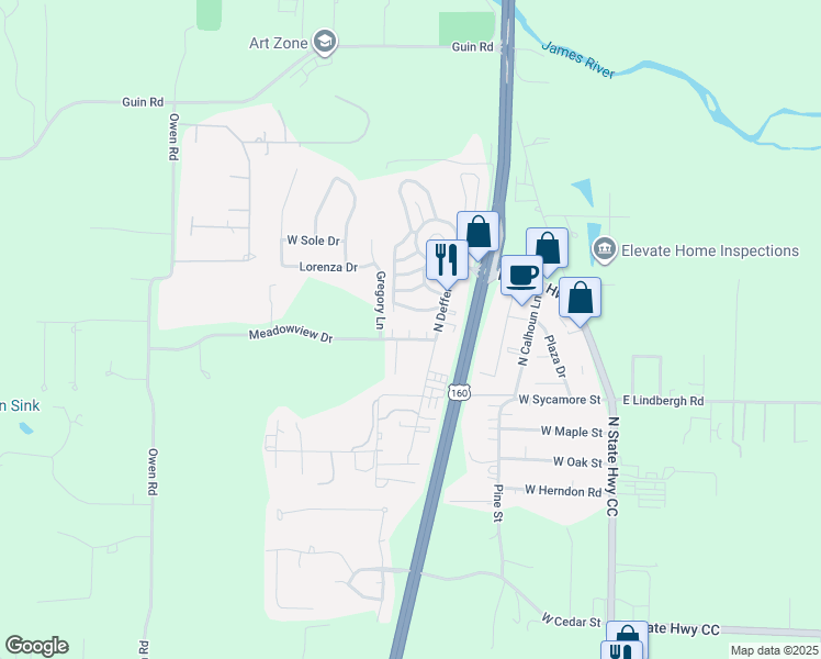 map of restaurants, bars, coffee shops, grocery stores, and more near 624-626 Meadowview Drive in Nixa