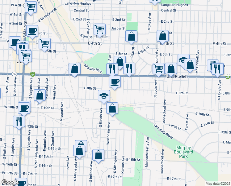 map of restaurants, bars, coffee shops, grocery stores, and more near 800 South High Avenue in Joplin