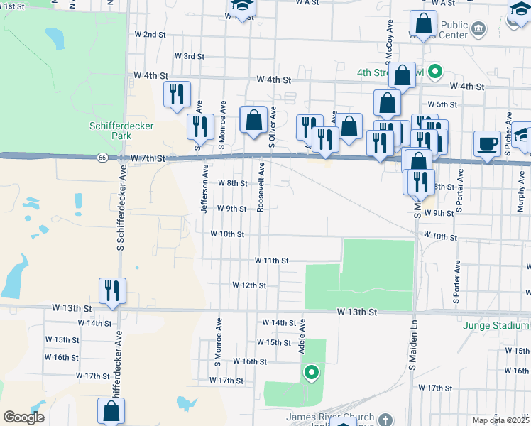 map of restaurants, bars, coffee shops, grocery stores, and more near 925 Roosevelt Avenue in Joplin