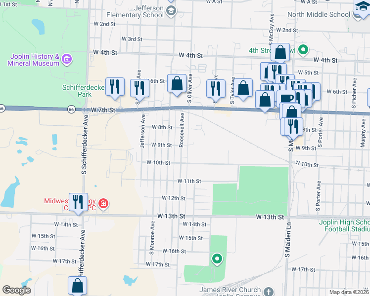 map of restaurants, bars, coffee shops, grocery stores, and more near 925 Roosevelt Avenue in Joplin