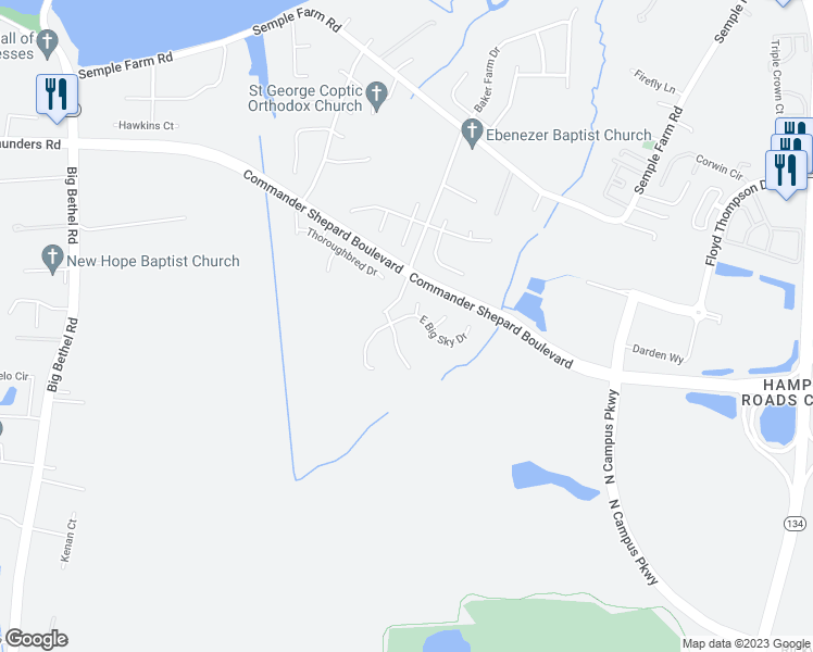 map of restaurants, bars, coffee shops, grocery stores, and more near 4 East Big Sky Drive in Hampton