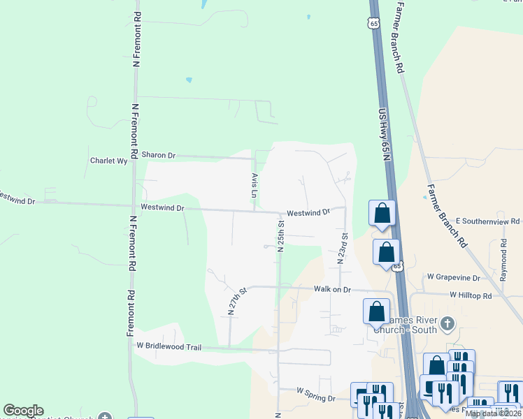 map of restaurants, bars, coffee shops, grocery stores, and more near 6600 Avis Lane in Ozark