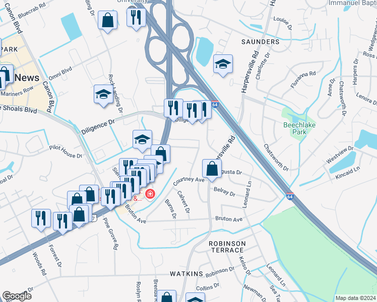 map of restaurants, bars, coffee shops, grocery stores, and more near 28 Rumson Avenue in Newport News