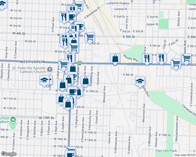 map of restaurants, bars, coffee shops, grocery stores, and more near 501-531 East 9th Street in Joplin