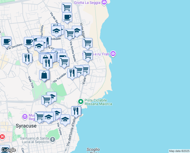 map of restaurants, bars, coffee shops, grocery stores, and more near 21 Via Lombardia in Siracusa