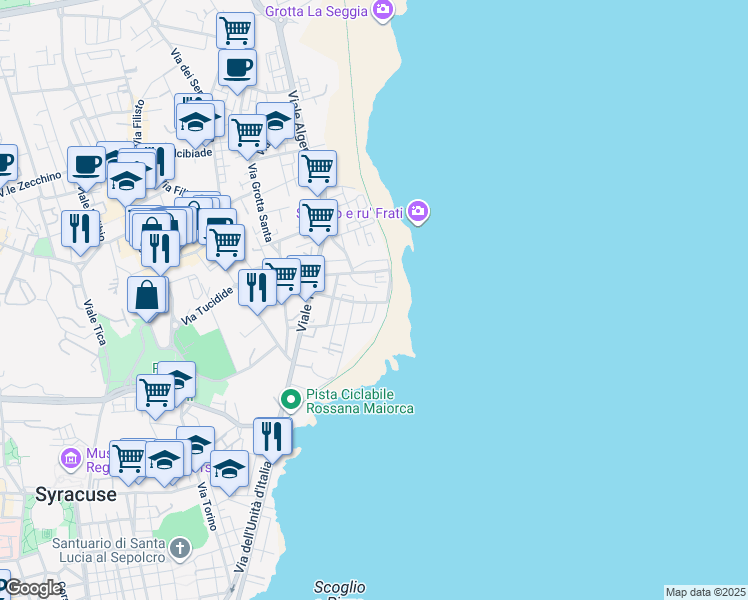 map of restaurants, bars, coffee shops, grocery stores, and more near 7 Via Liguria in Siracusa