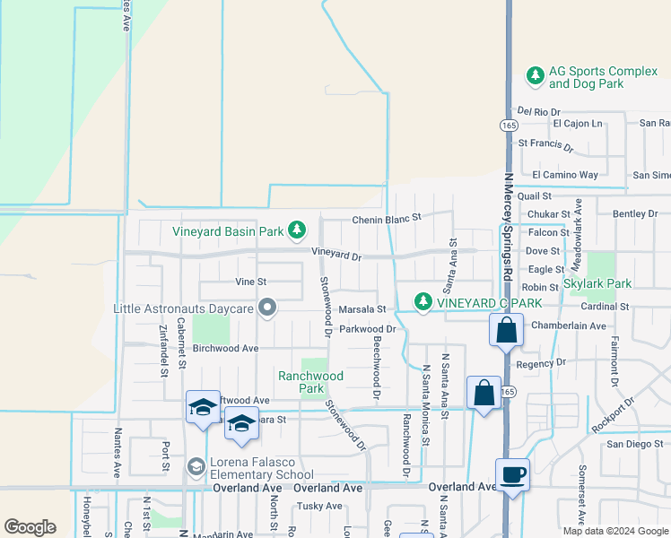 map of restaurants, bars, coffee shops, grocery stores, and more near 673 Woodbridge Court in Los Banos