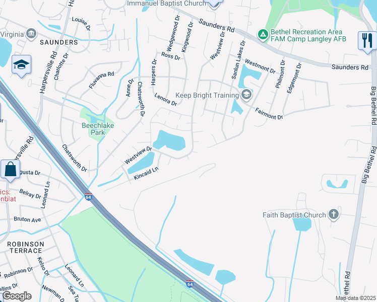 map of restaurants, bars, coffee shops, grocery stores, and more near 128 Westview Drive in Hampton