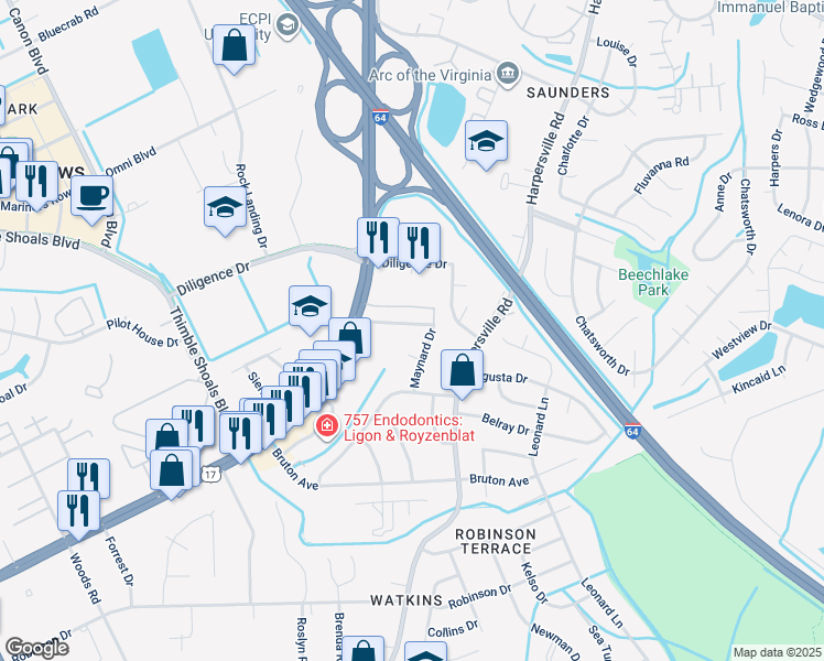 map of restaurants, bars, coffee shops, grocery stores, and more near 28 Rumson Avenue in Newport News