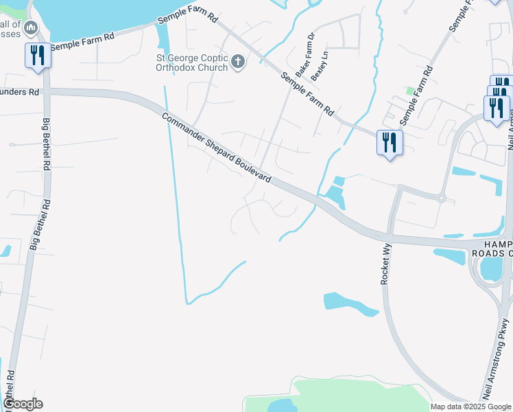 map of restaurants, bars, coffee shops, grocery stores, and more near 4 East Big Sky Drive in Hampton