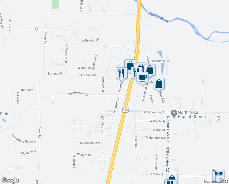 map of restaurants, bars, coffee shops, grocery stores, and more near 625 Meadowview Drive in Nixa