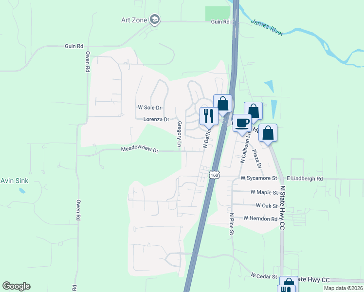 map of restaurants, bars, coffee shops, grocery stores, and more near 637 Meadowview Drive in Nixa