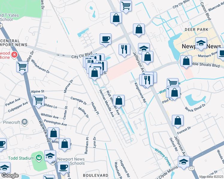 map of restaurants, bars, coffee shops, grocery stores, and more near 113 Edith Wharton Square in Newport News