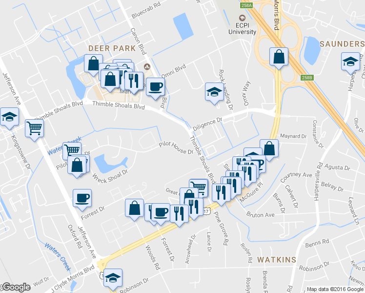 map of restaurants, bars, coffee shops, grocery stores, and more near 795 Pilot House Dr in Newport News