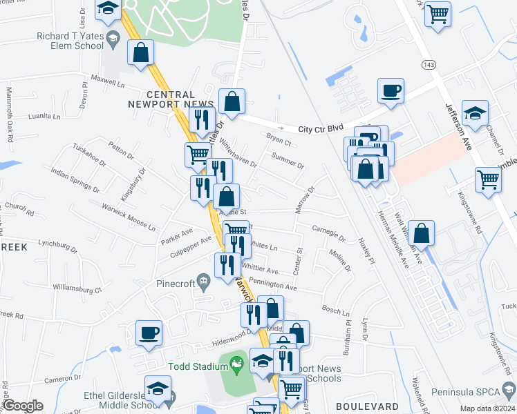 map of restaurants, bars, coffee shops, grocery stores, and more near 19 Alpine Street in Newport News