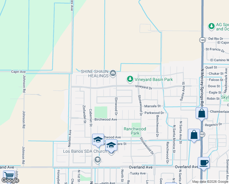 map of restaurants, bars, coffee shops, grocery stores, and more near 517 Vine Street in Los Banos