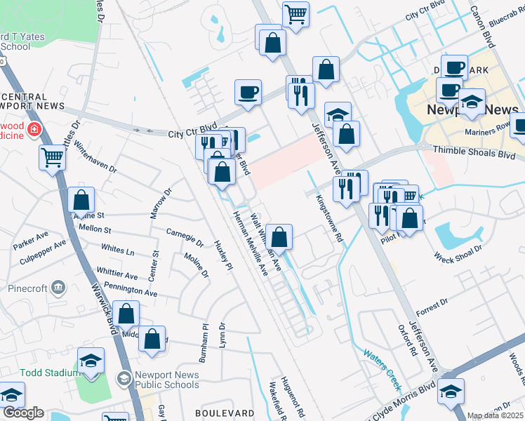 map of restaurants, bars, coffee shops, grocery stores, and more near 113 Edith Wharton Square in Newport News