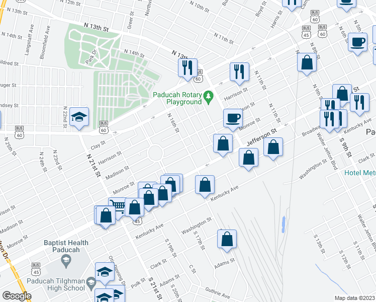 map of restaurants, bars, coffee shops, grocery stores, and more near 326 North 16th Street in Paducah