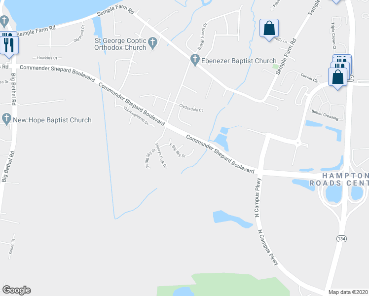 map of restaurants, bars, coffee shops, grocery stores, and more near 16 East Big Sky Drive in Hampton
