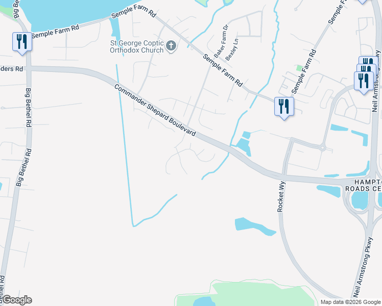 map of restaurants, bars, coffee shops, grocery stores, and more near 5 Henrys Fork Drive in Hampton