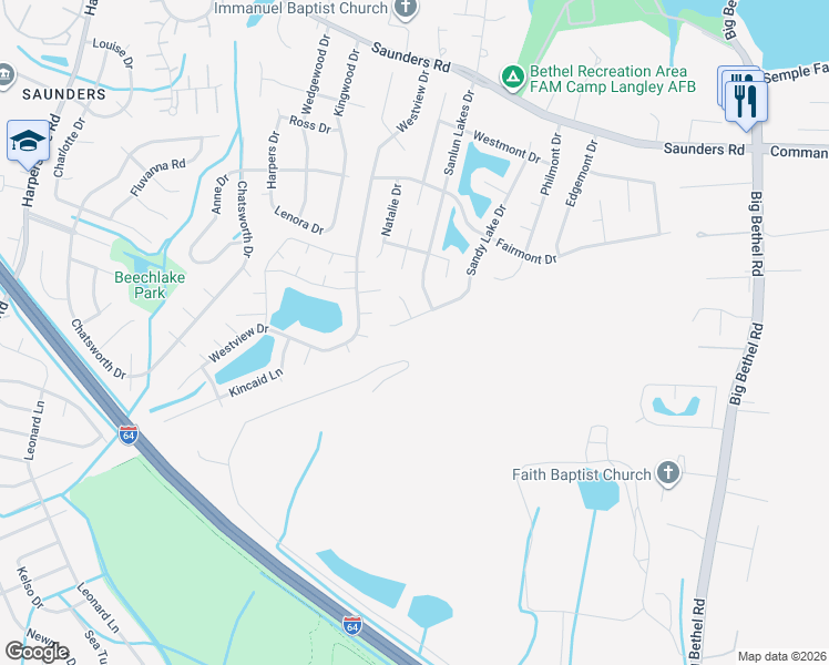 map of restaurants, bars, coffee shops, grocery stores, and more near 103 Sandy Lake Drive in Hampton