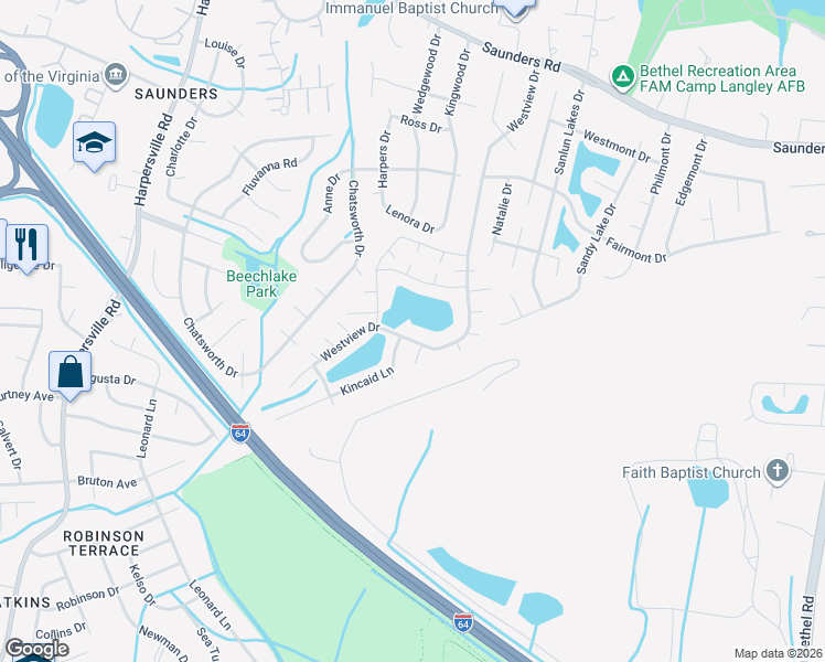 map of restaurants, bars, coffee shops, grocery stores, and more near 1 Wild Duck Court in Hampton