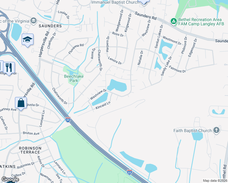 map of restaurants, bars, coffee shops, grocery stores, and more near 8 Kincaid Lane in Hampton