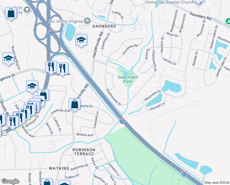 map of restaurants, bars, coffee shops, grocery stores, and more near 809 Chatsworth Drive in Newport News