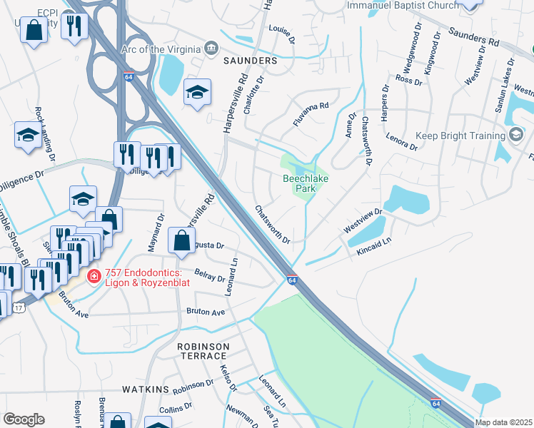 map of restaurants, bars, coffee shops, grocery stores, and more near 809 Chatsworth Drive in Newport News