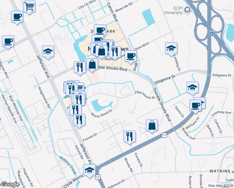 map of restaurants, bars, coffee shops, grocery stores, and more near 101 Beacon Way in Newport News