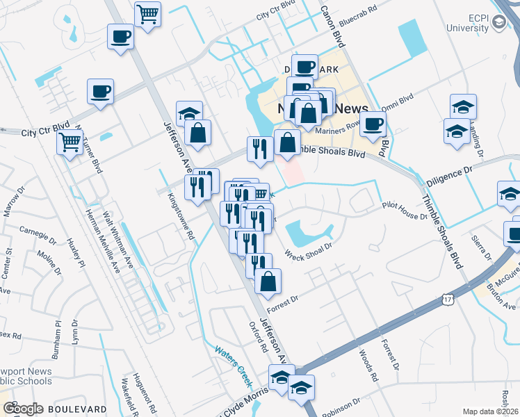 map of restaurants, bars, coffee shops, grocery stores, and more near 619 Pilot House Drive in Newport News