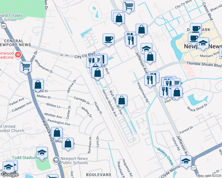 map of restaurants, bars, coffee shops, grocery stores, and more near 98 F Scott Fitzgerald Square in Newport News