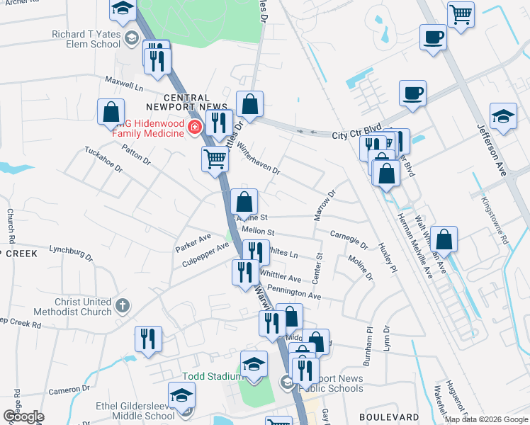 map of restaurants, bars, coffee shops, grocery stores, and more near 7D Mellon Street in Newport News