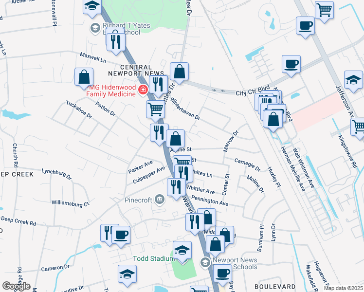 map of restaurants, bars, coffee shops, grocery stores, and more near 12562 Warwick Boulevard in Newport News