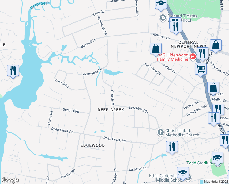 map of restaurants, bars, coffee shops, grocery stores, and more near 66 Church Road in Newport News