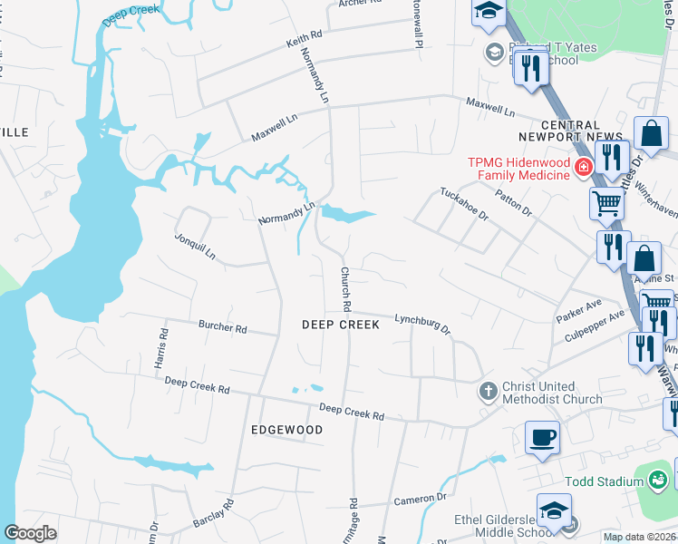 map of restaurants, bars, coffee shops, grocery stores, and more near 30 Cherbourg Drive in Newport News