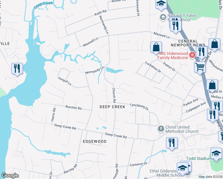 map of restaurants, bars, coffee shops, grocery stores, and more near 30 Cherbourg Drive in Newport News