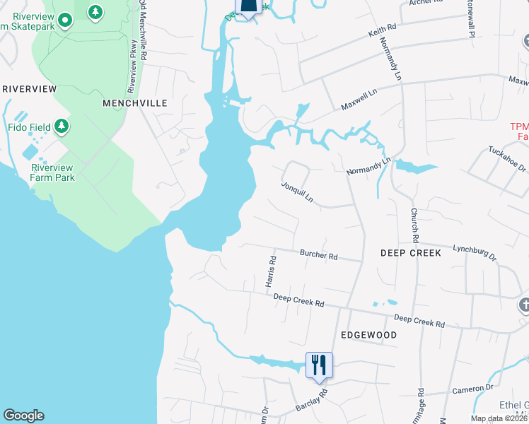 map of restaurants, bars, coffee shops, grocery stores, and more near 626 Snug Harbor Lane in Newport News