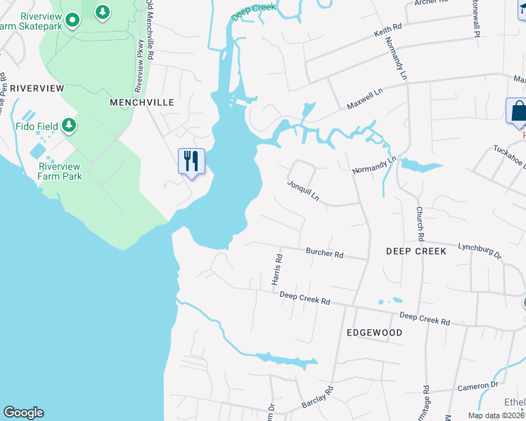 map of restaurants, bars, coffee shops, grocery stores, and more near 632 Snug Harbor Lane in Newport News
