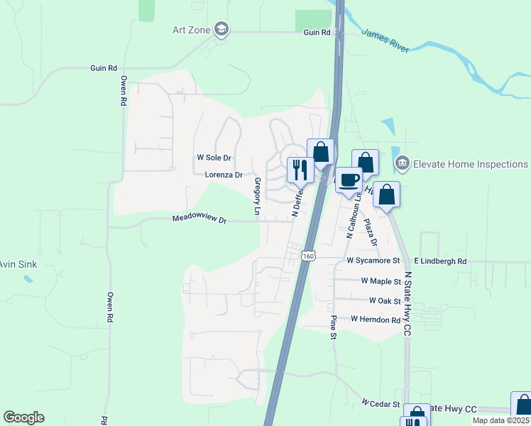 map of restaurants, bars, coffee shops, grocery stores, and more near 1823 Tower Circle in Nixa