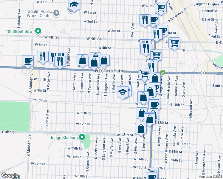 map of restaurants, bars, coffee shops, grocery stores, and more near 906 South Moffet Avenue in Joplin