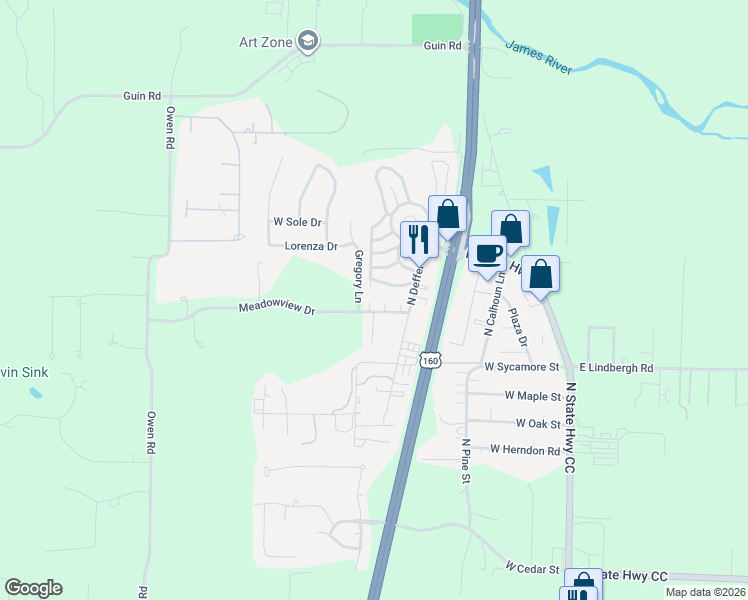 map of restaurants, bars, coffee shops, grocery stores, and more near 633 Meadowview Drive in Nixa