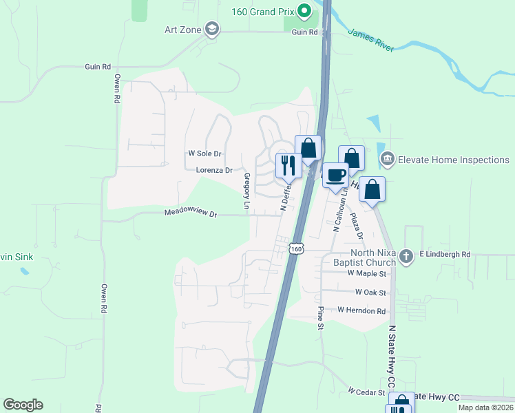 map of restaurants, bars, coffee shops, grocery stores, and more near 624 Meadowview Drive in Nixa