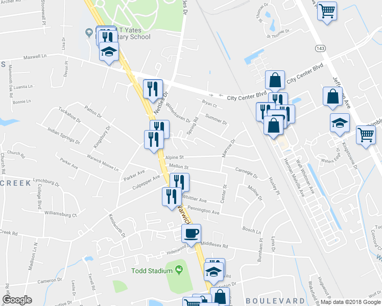 map of restaurants, bars, coffee shops, grocery stores, and more near 17 Alpine Street in Newport News
