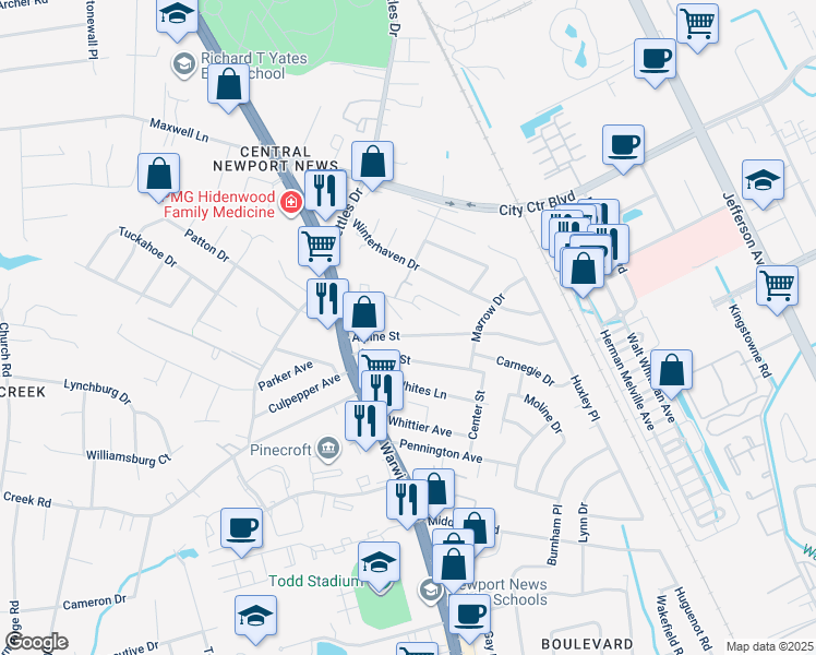 map of restaurants, bars, coffee shops, grocery stores, and more near 17 Alpine Street in Newport News