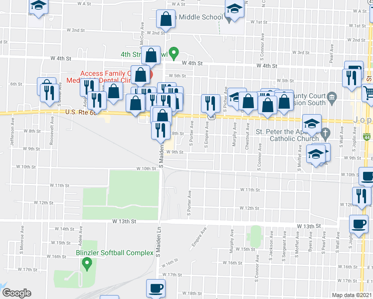 map of restaurants, bars, coffee shops, grocery stores, and more near 1403 West 9th Street in Joplin