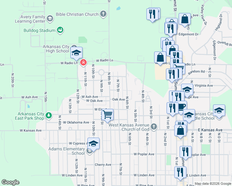 map of restaurants, bars, coffee shops, grocery stores, and more near 800-898 Oak Ave in Arkansas City
